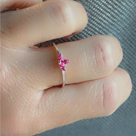 Sterling Silver Ruby CZ Dainty Flower Ring - Picture 9 of 10